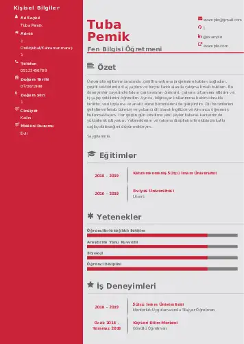 Fen Bilgisi Öğretmeni CV Örnekleri cv indir